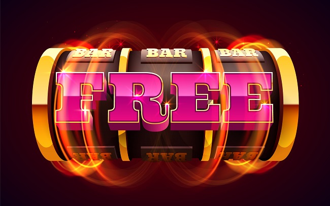 Casino slot machine in motion labeled with FREE on the symbol slots